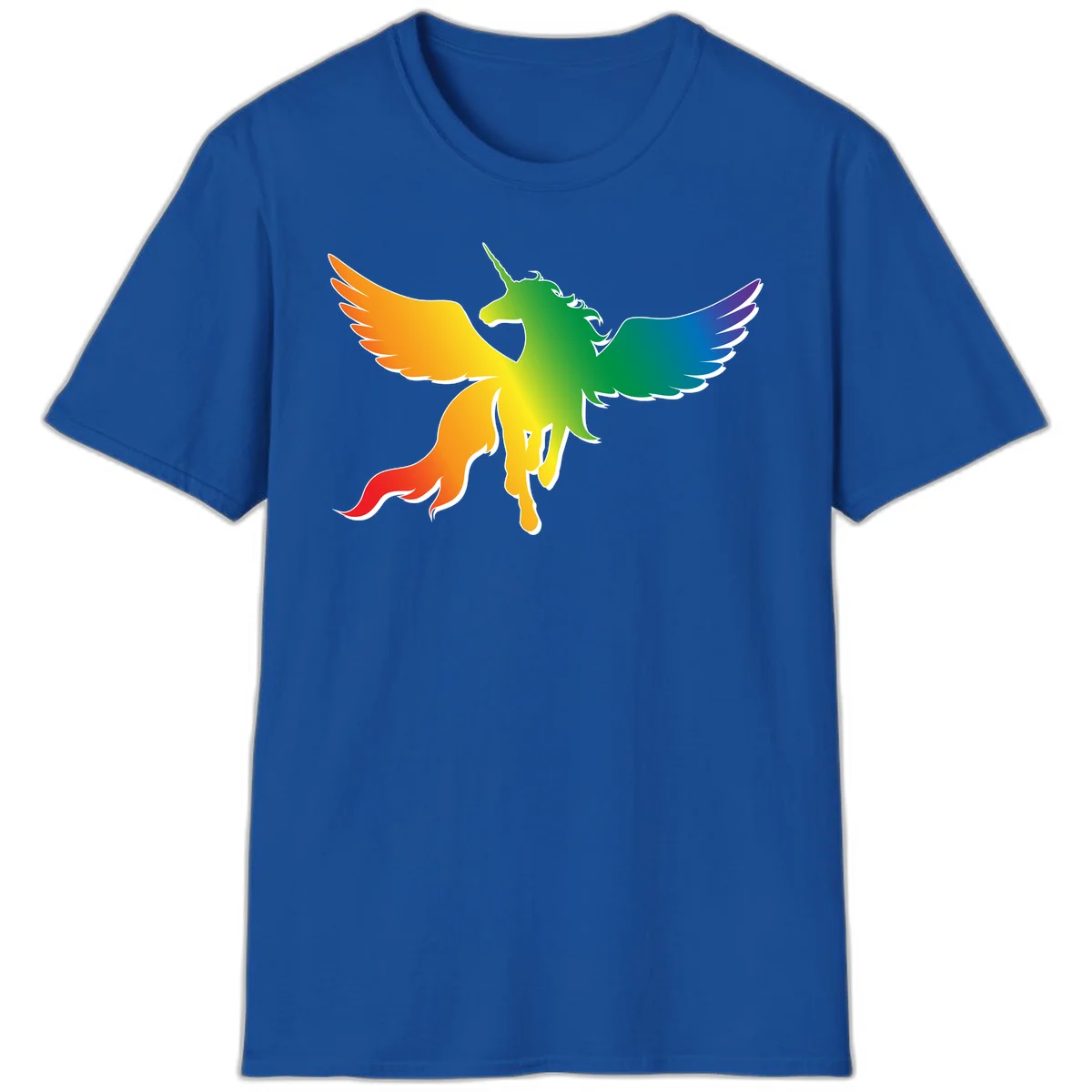 Rainbow-winged unicorn with flowing mane and horn, gradient colored from orange to purple in pride flag colors in Royal