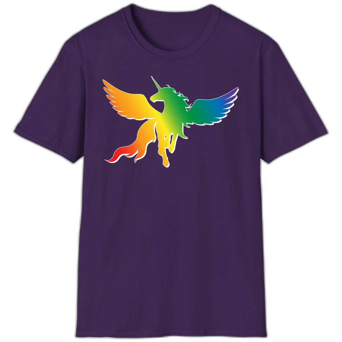 Rainbow-winged unicorn with flowing mane and horn, gradient colored from orange to purple in pride flag colors in Purple