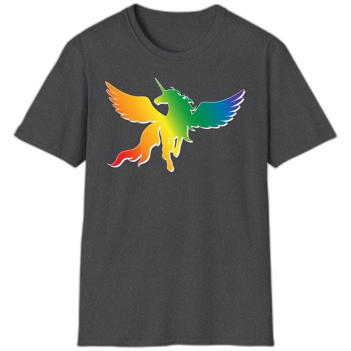 Rainbow-winged unicorn with flowing mane and horn, gradient colored from orange to purple in pride flag colors in Dark Heather