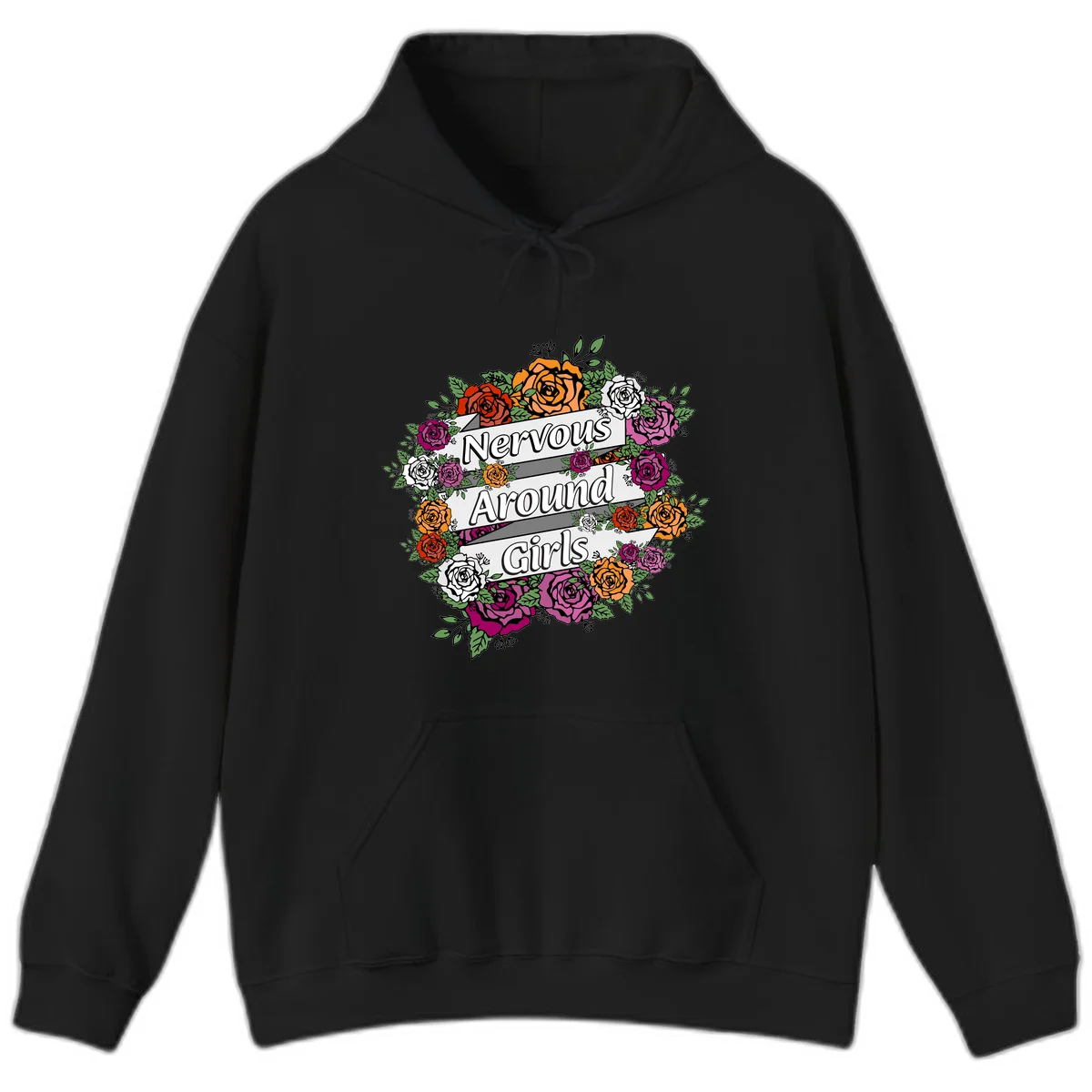 Nervous around girls floral design: colorful roses in red, orange, white, and magenta arranged in a wreath with banner ribbons displaying text on gray background in Black