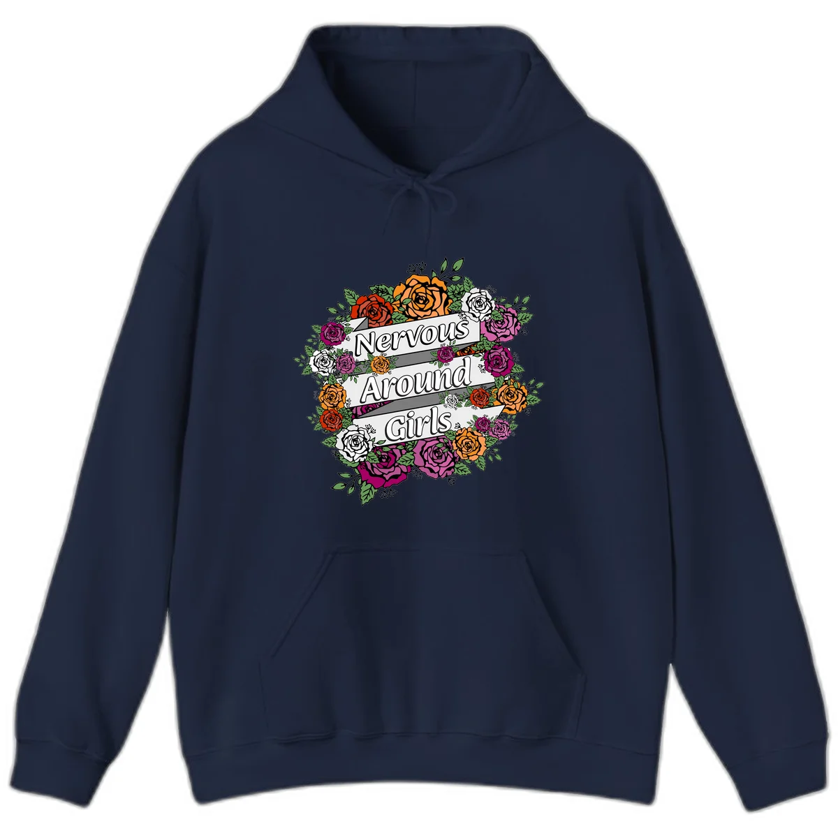 Nervous around girls floral design: colorful roses in red, orange, white, and magenta arranged in a wreath with banner ribbons displaying text on gray background in Navy