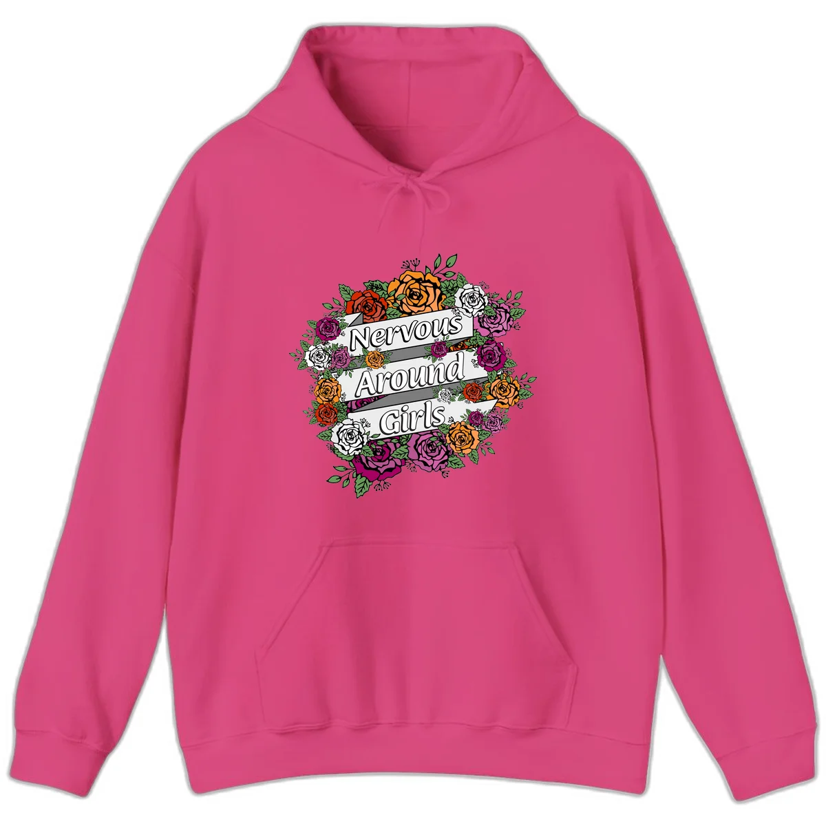 Nervous around girls floral design: colorful roses in red, orange, white, and magenta arranged in a wreath with banner ribbons displaying text on gray background in Heliconia