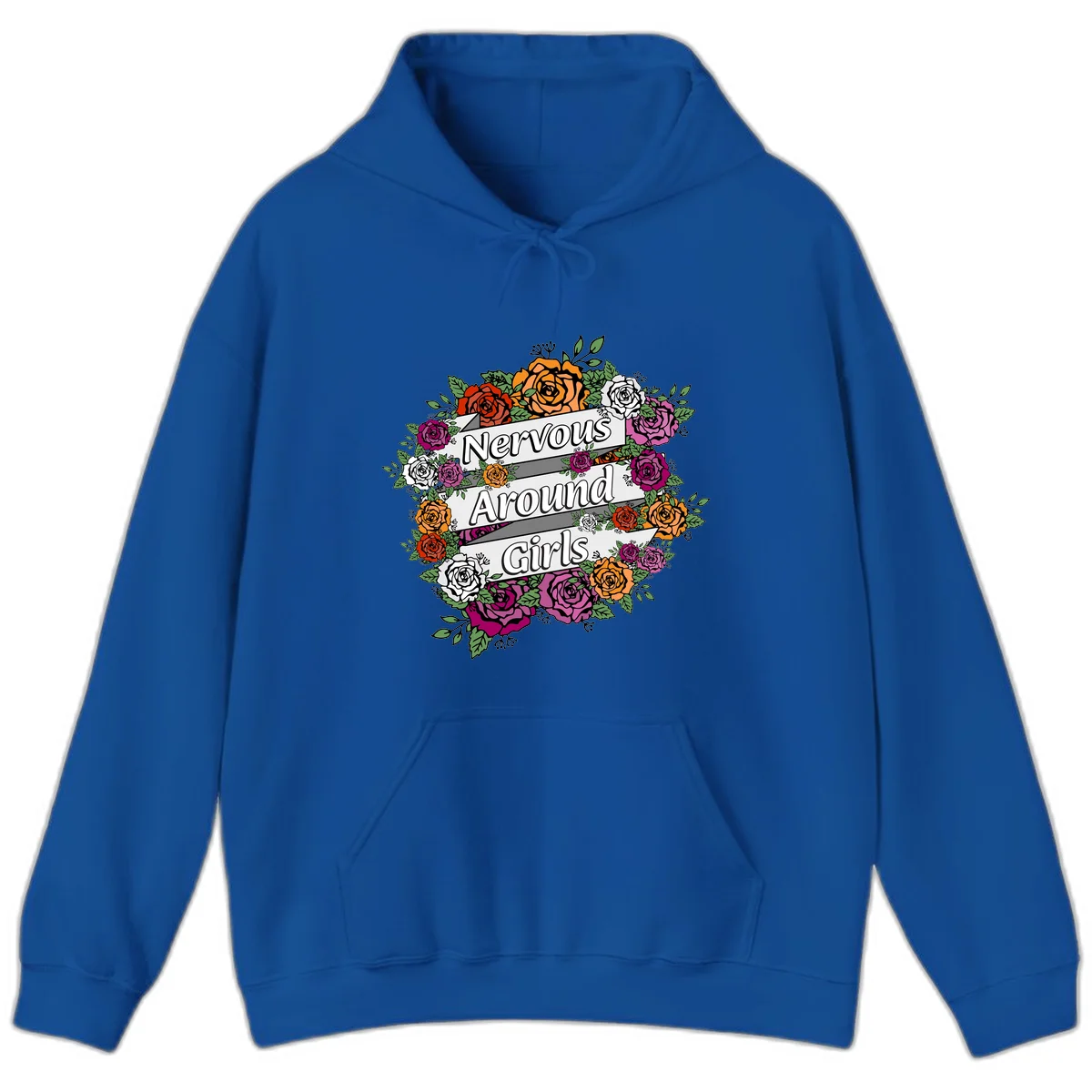 Nervous around girls floral design: colorful roses in red, orange, white, and magenta arranged in a wreath with banner ribbons displaying text on gray background in Royal