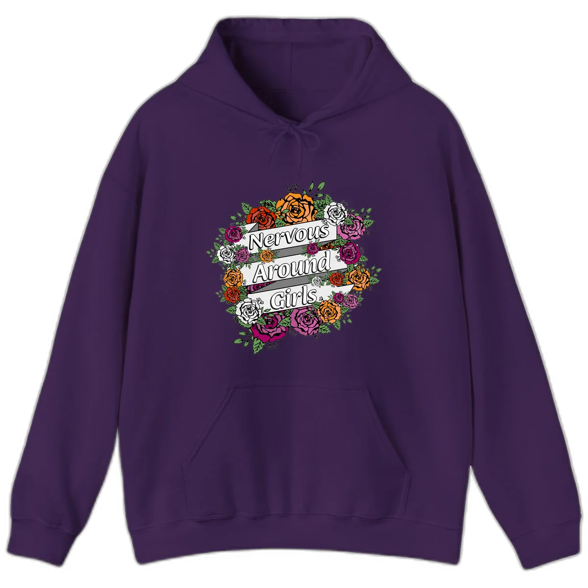 Nervous around girls floral design: colorful roses in red, orange, white, and magenta arranged in a wreath with banner ribbons displaying text on gray background in Purple