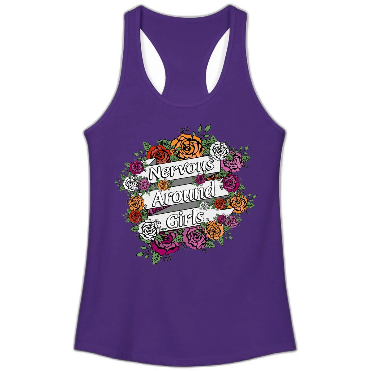 Nervous around girls floral design: colorful roses in red, orange, white, and magenta arranged in a wreath with banner ribbons displaying text on gray background in Solid Purple Rush