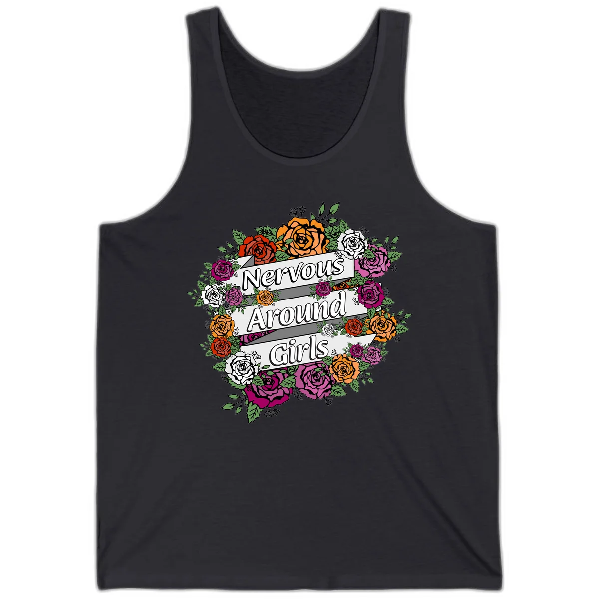 Nervous around girls floral design: colorful roses in red, orange, white, and magenta arranged in a wreath with banner ribbons displaying text on gray background in Dark Grey