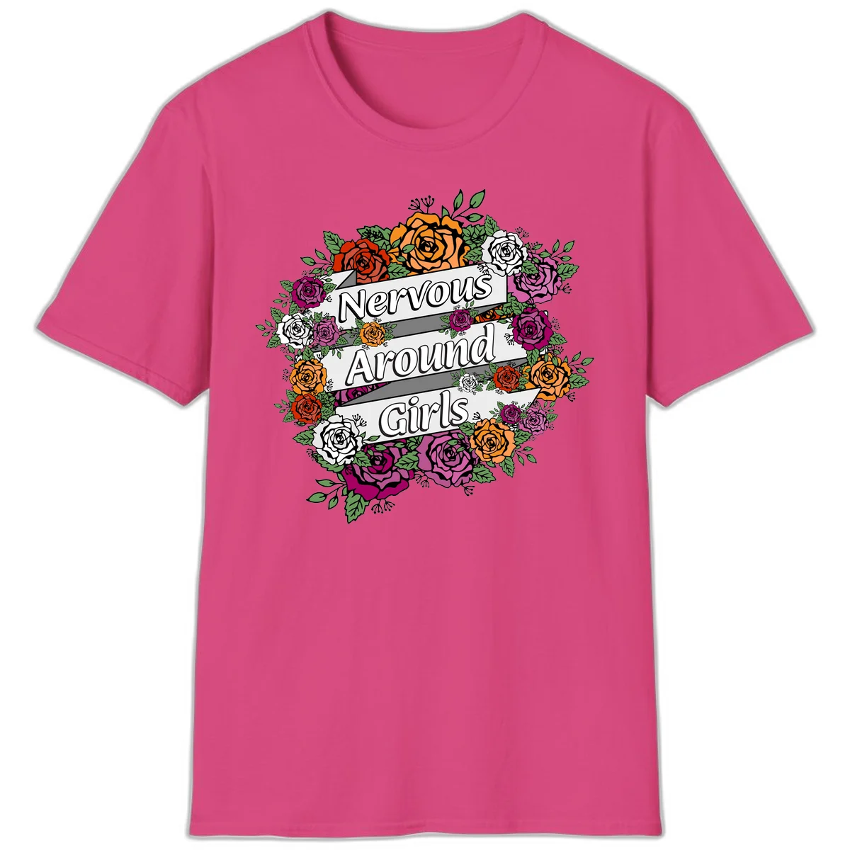 Nervous around girls floral design: colorful roses in red, orange, white, and magenta arranged in a wreath with banner ribbons displaying text on gray background in Heliconia