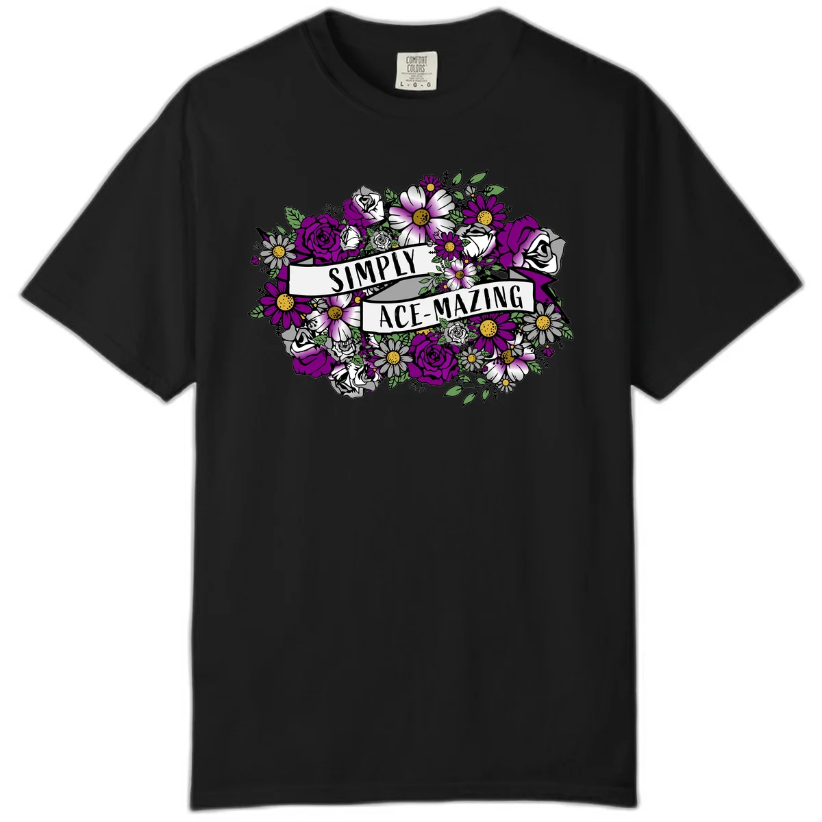 Simply ace-mazing floral design with purple roses, white daisies, green leaves, and banner ribbons on gray background in Black