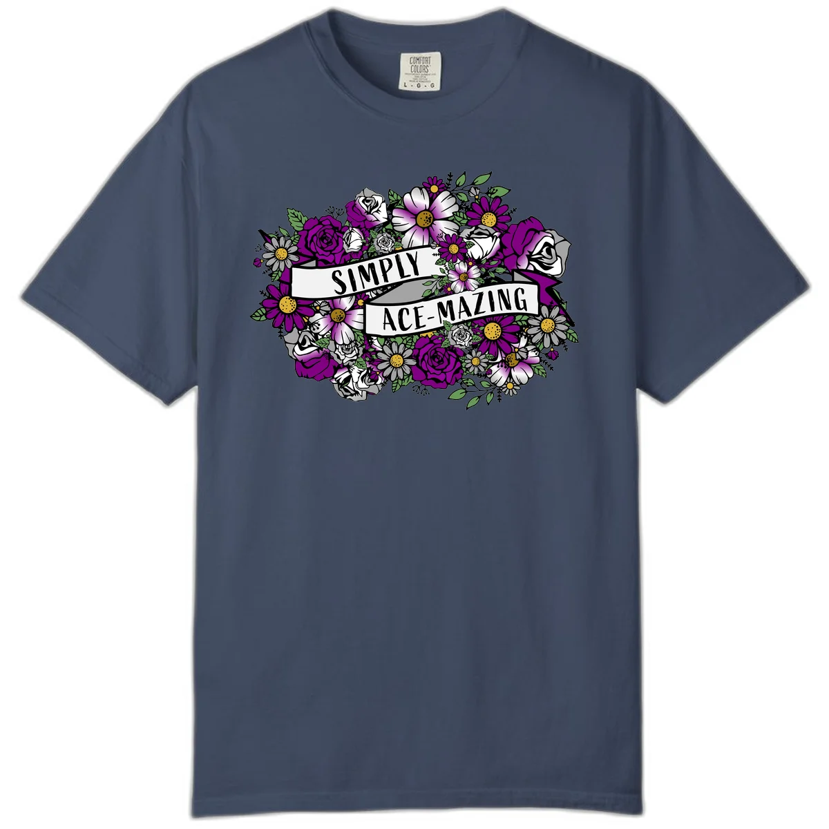 Simply ace-mazing floral design with purple roses, white daisies, green leaves, and banner ribbons on gray background in Midnight