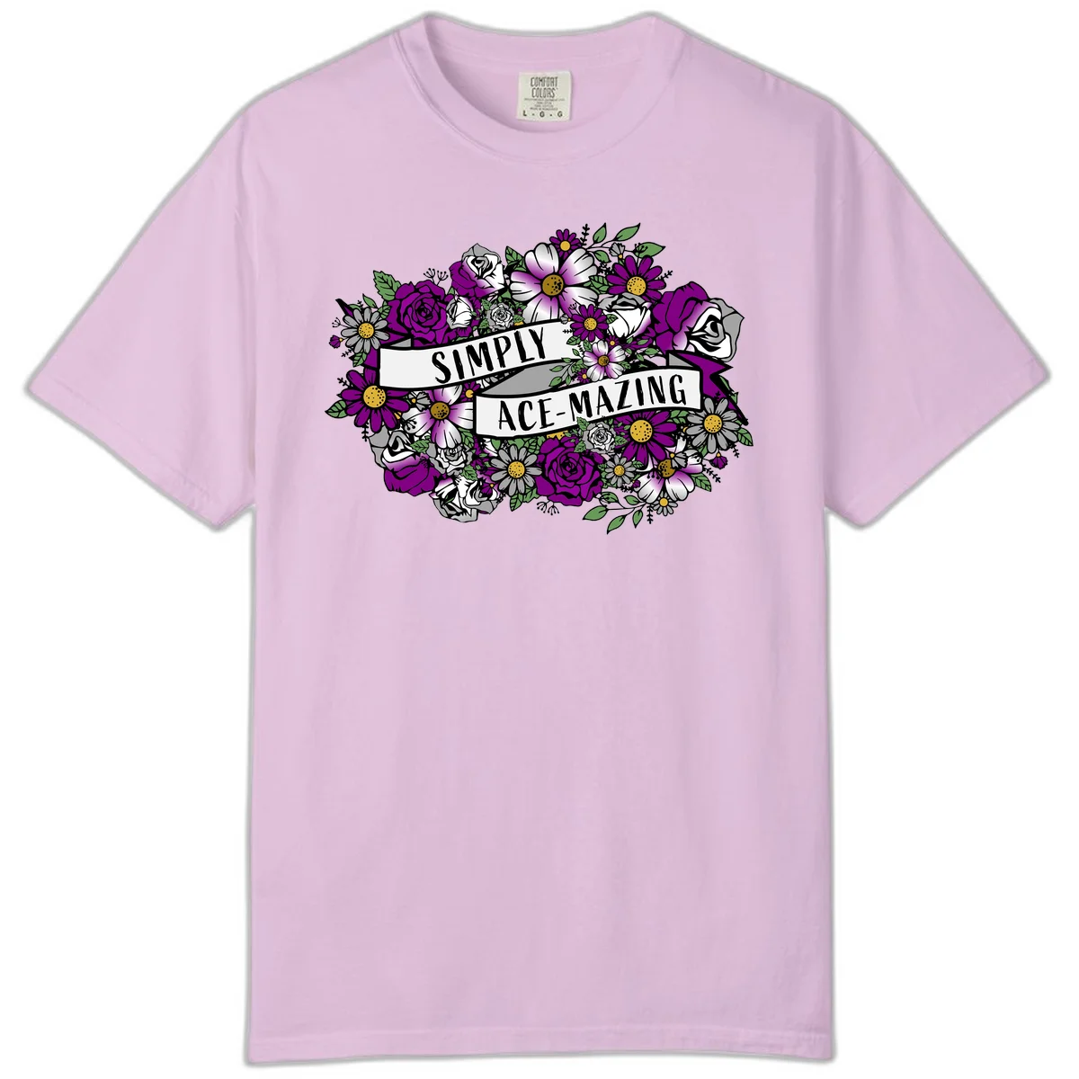 Simply ace-mazing floral design with purple roses, white daisies, green leaves, and banner ribbons on gray background in Orchid