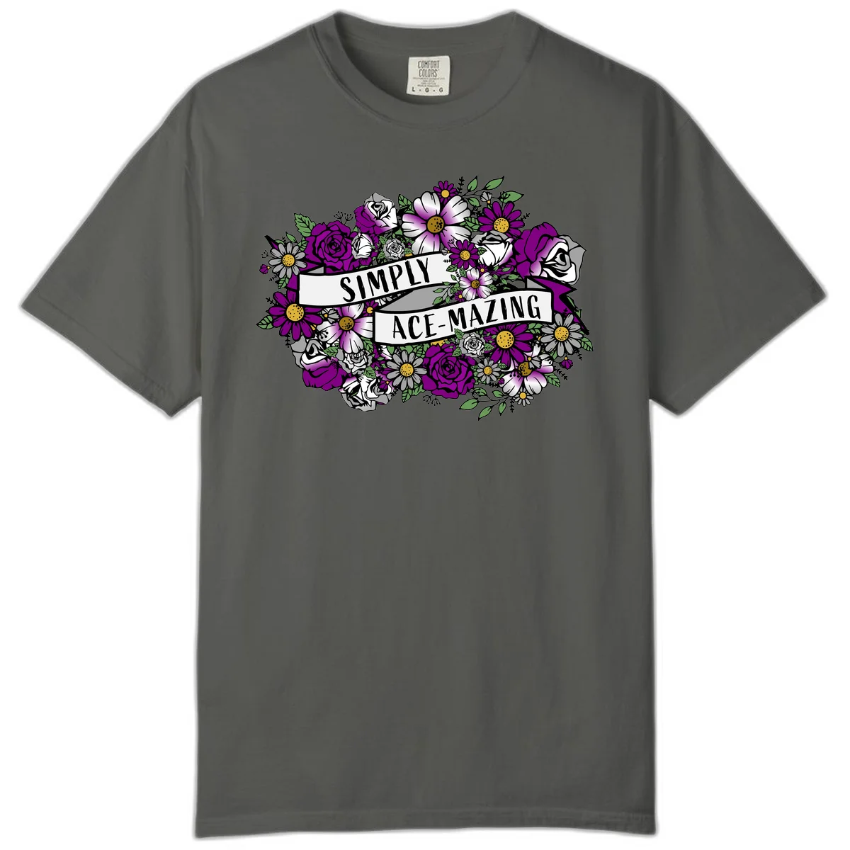 Simply ace-mazing floral design with purple roses, white daisies, green leaves, and banner ribbons on gray background in Pepper
