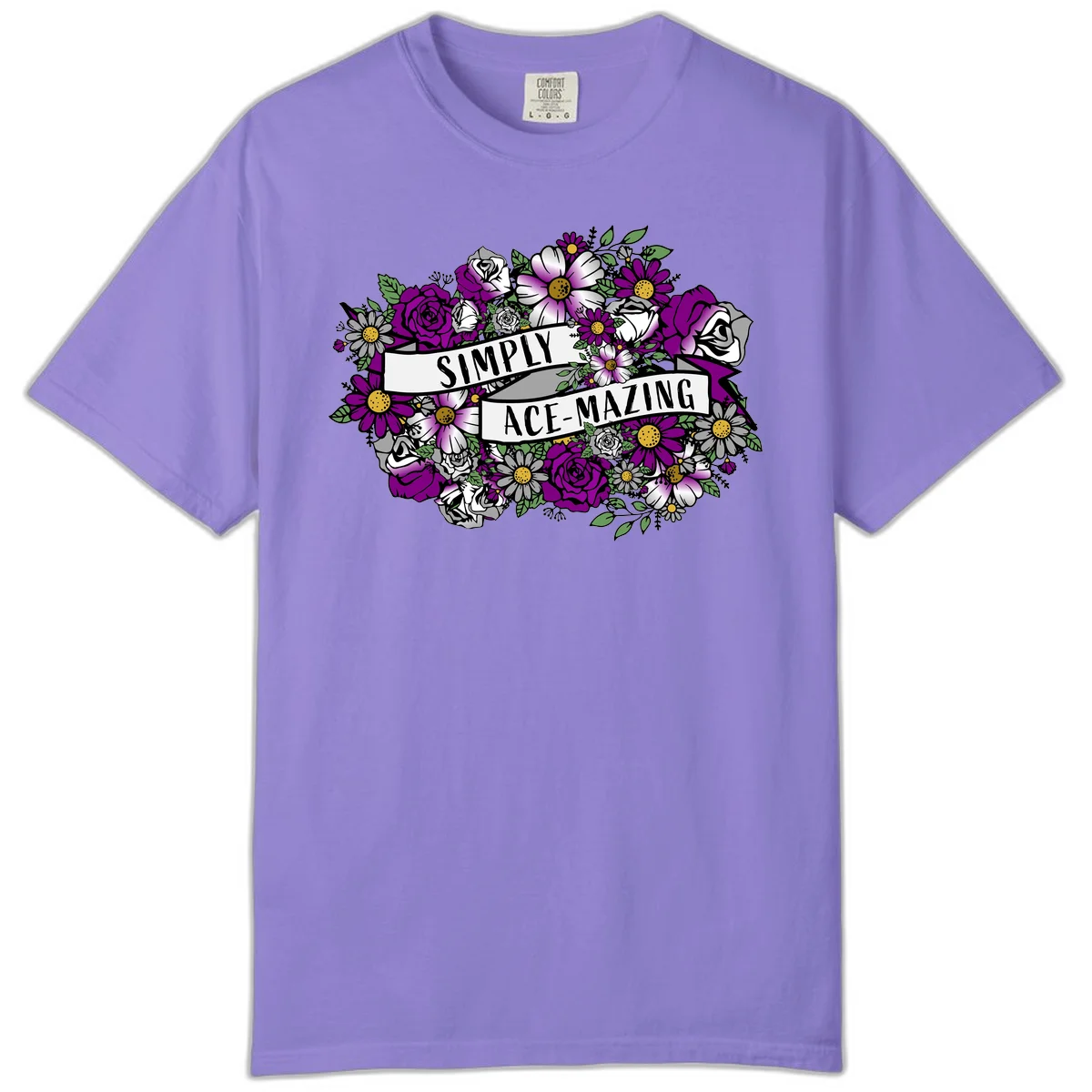 Simply ace-mazing floral design with purple roses, white daisies, green leaves, and banner ribbons on gray background in Violet