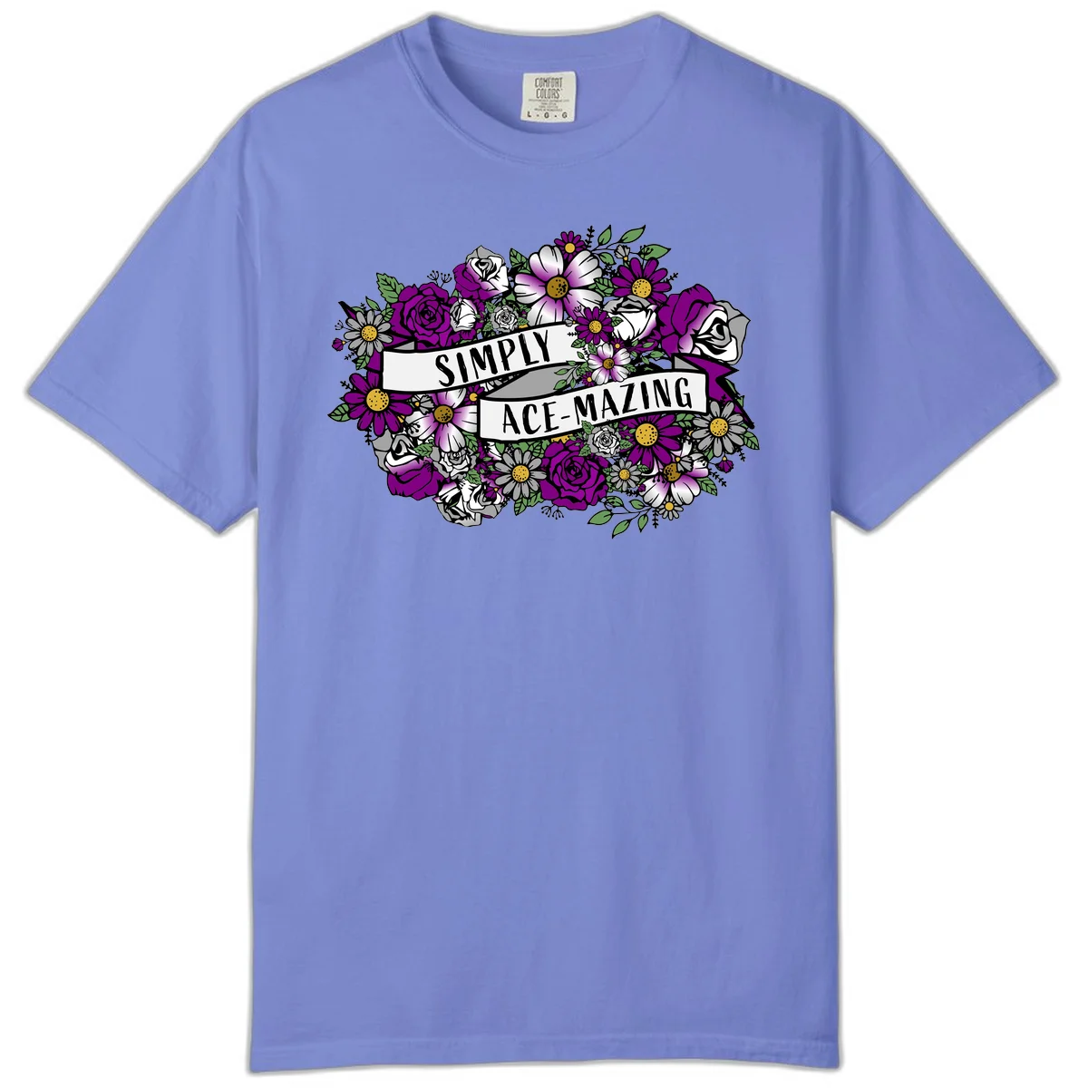 Simply ace-mazing floral design with purple roses, white daisies, green leaves, and banner ribbons on gray background in Flo Blue
