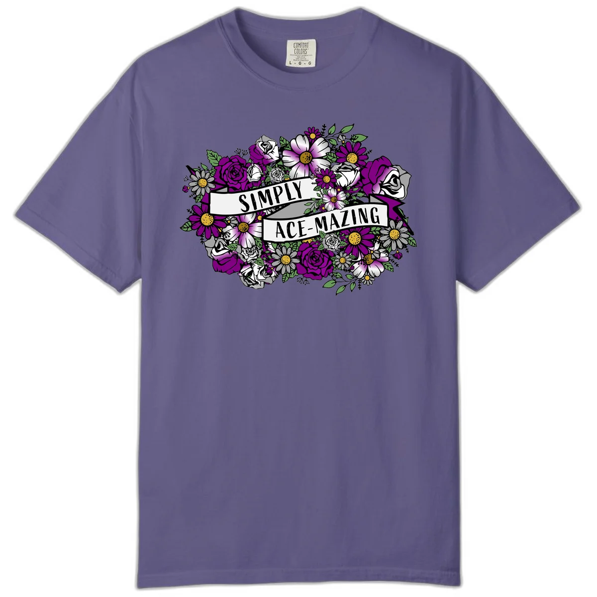 Simply ace-mazing floral design with purple roses, white daisies, green leaves, and banner ribbons on gray background in Grape