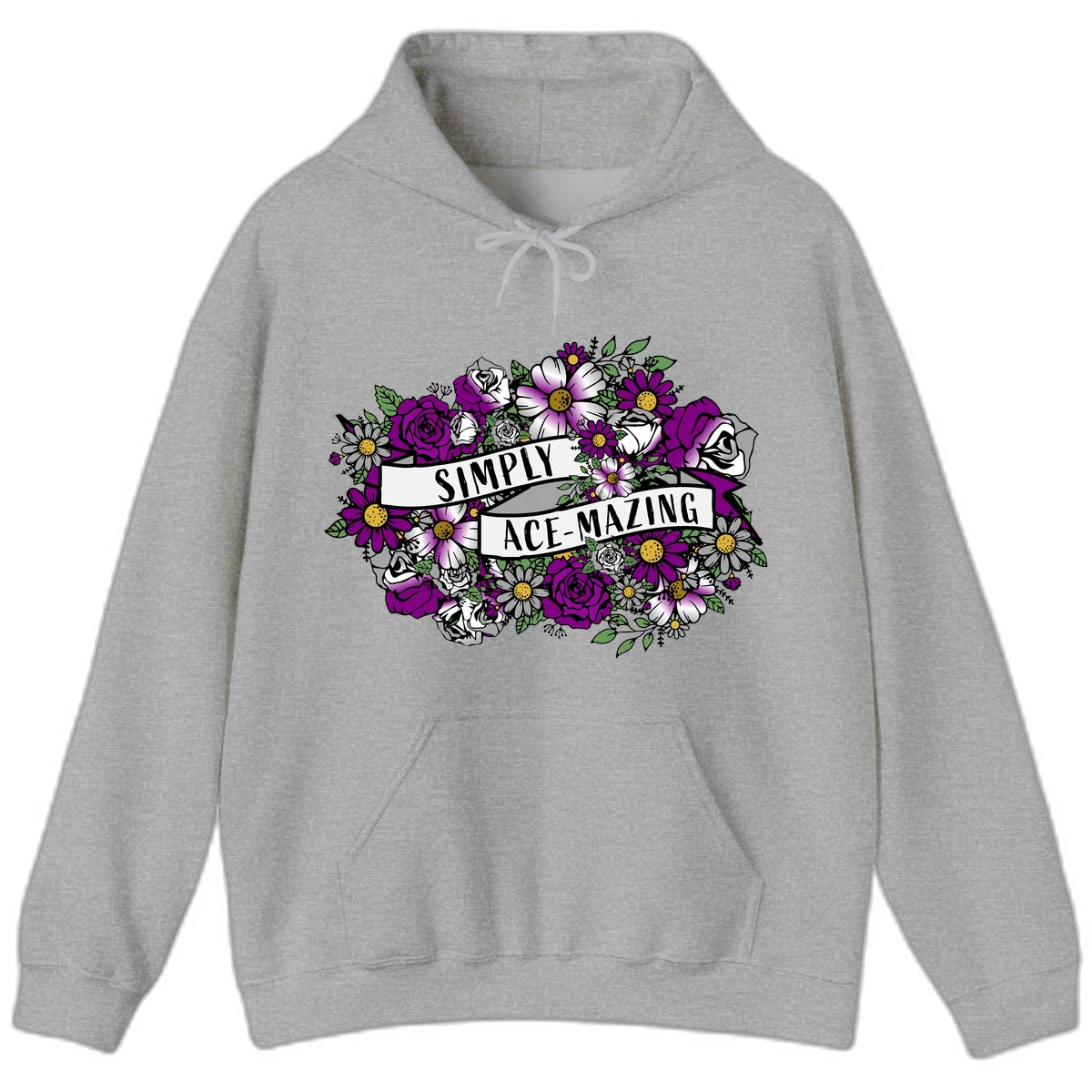 Simply ace-mazing floral design with purple roses, white daisies, green leaves, and banner ribbons on gray background in Sport Grey