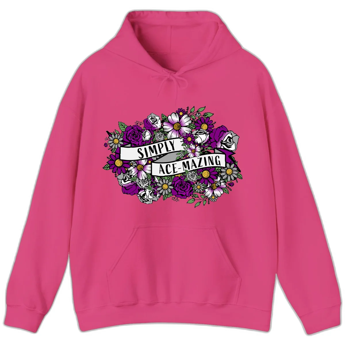 Simply ace-mazing floral design with purple roses, white daisies, green leaves, and banner ribbons on gray background in Heliconia