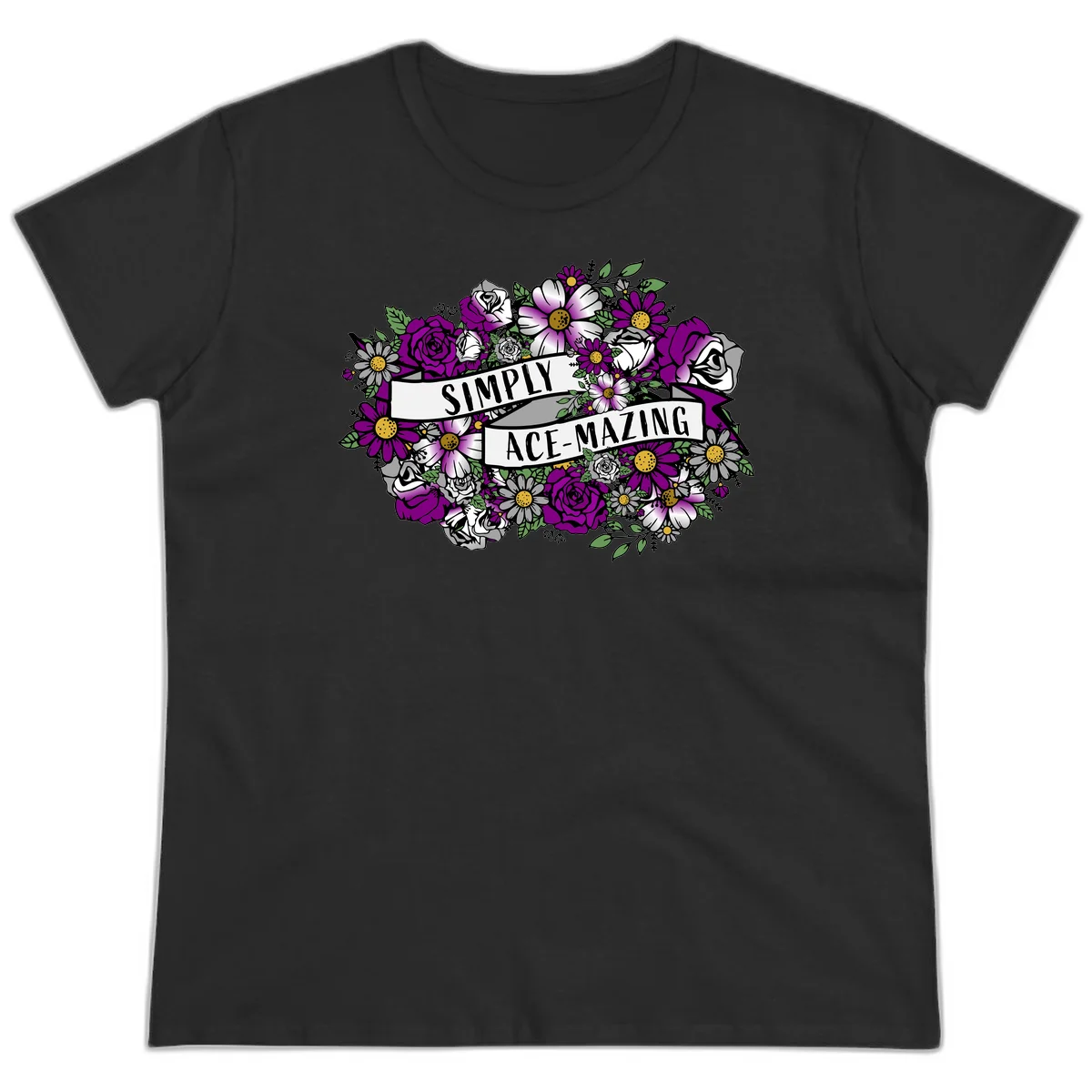 Simply ace-mazing floral design with purple roses, white daisies, green leaves, and banner ribbons on gray background in Black