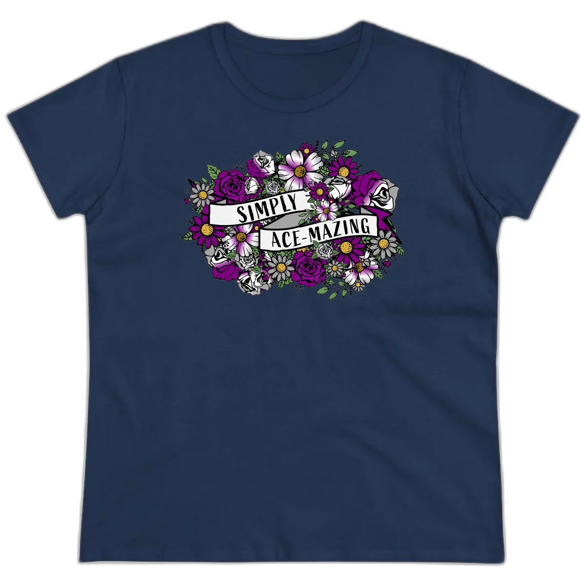 Simply ace-mazing floral design with purple roses, white daisies, green leaves, and banner ribbons on gray background in Navy