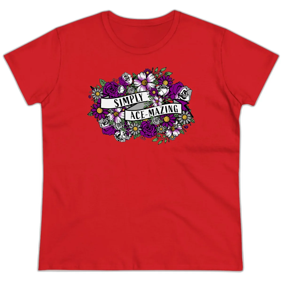 Simply ace-mazing floral design with purple roses, white daisies, green leaves, and banner ribbons on gray background in Red