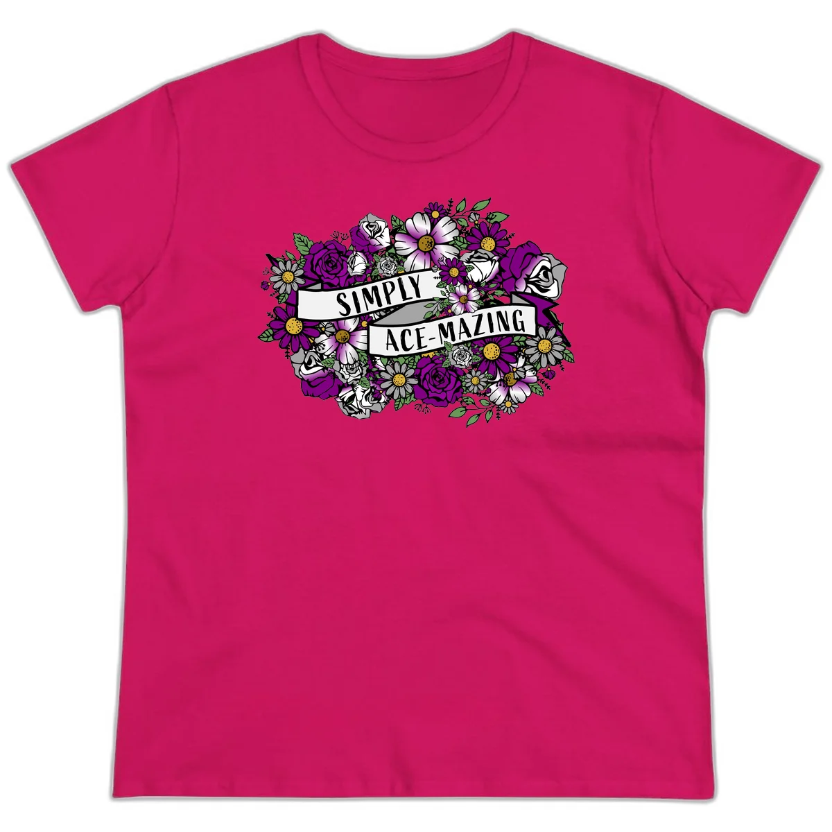 Simply ace-mazing floral design with purple roses, white daisies, green leaves, and banner ribbons on gray background in Heliconia