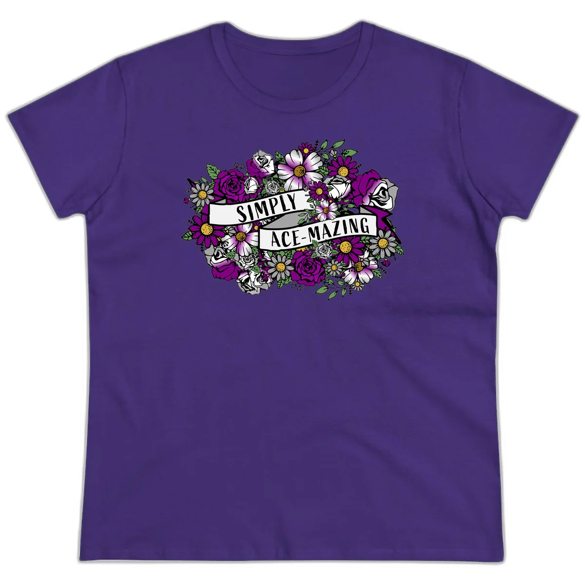 Simply ace-mazing floral design with purple roses, white daisies, green leaves, and banner ribbons on gray background in Purple