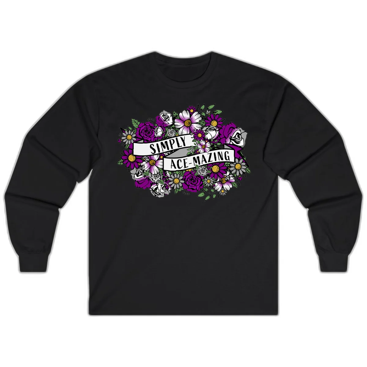 Simply ace-mazing floral design with purple roses, white daisies, green leaves, and banner ribbons on gray background in Black