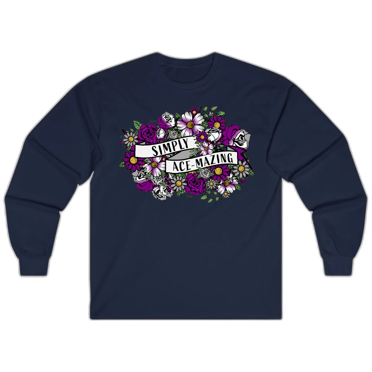 Simply ace-mazing floral design with purple roses, white daisies, green leaves, and banner ribbons on gray background in Navy