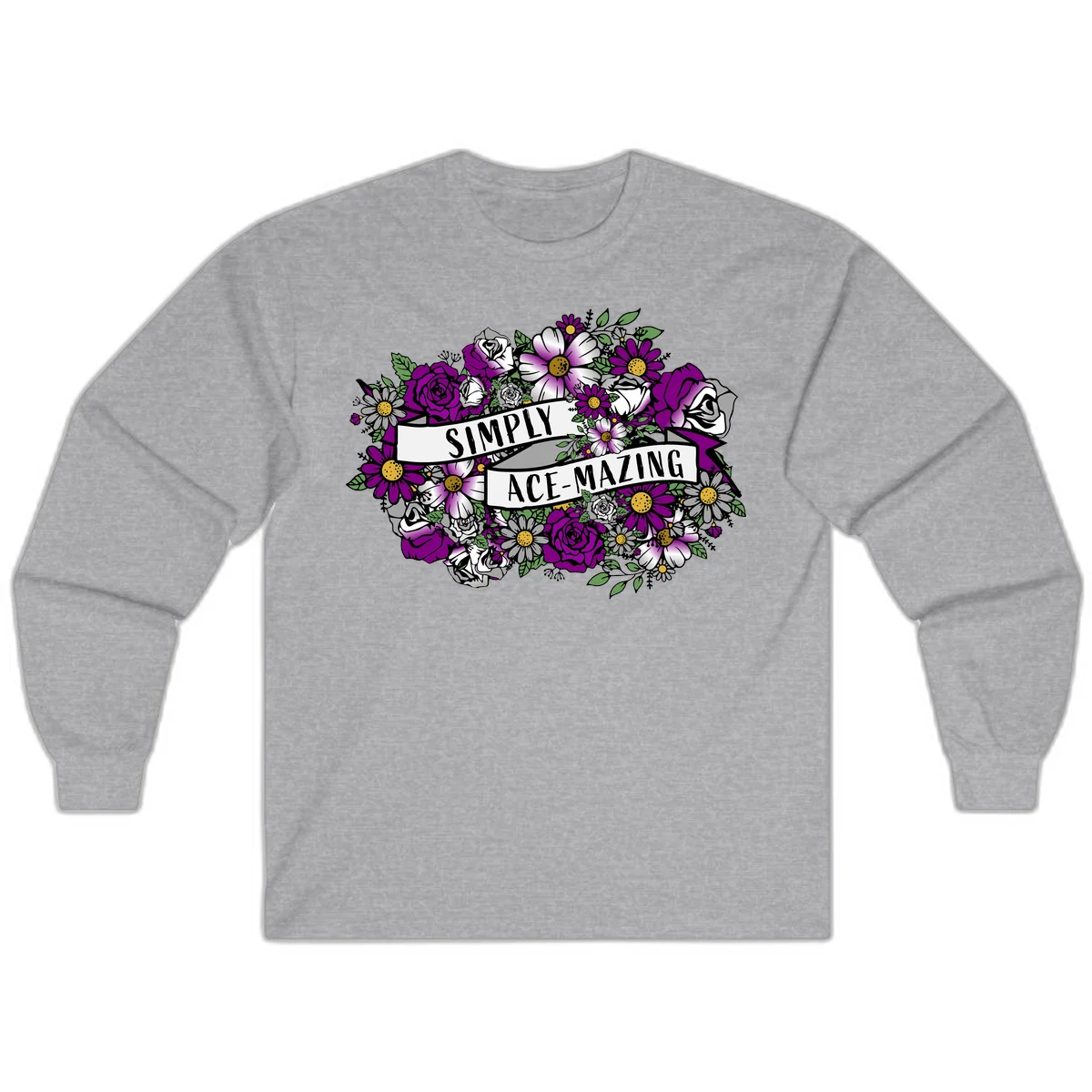 Simply ace-mazing floral design with purple roses, white daisies, green leaves, and banner ribbons on gray background in Sport Grey