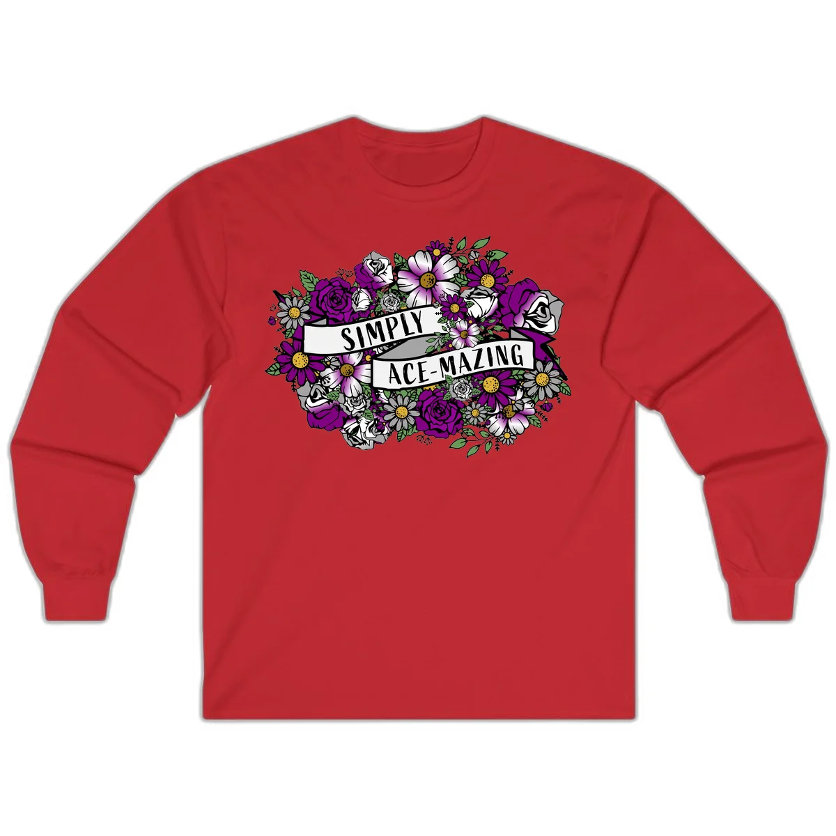 Simply ace-mazing floral design with purple roses, white daisies, green leaves, and banner ribbons on gray background in Red