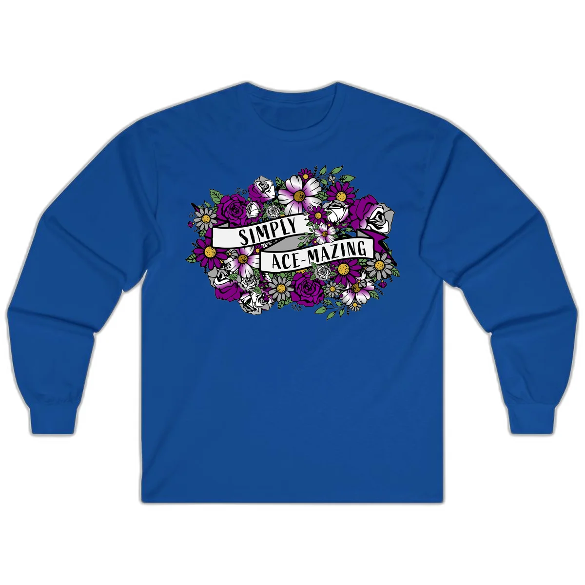 Simply ace-mazing floral design with purple roses, white daisies, green leaves, and banner ribbons on gray background in Royal