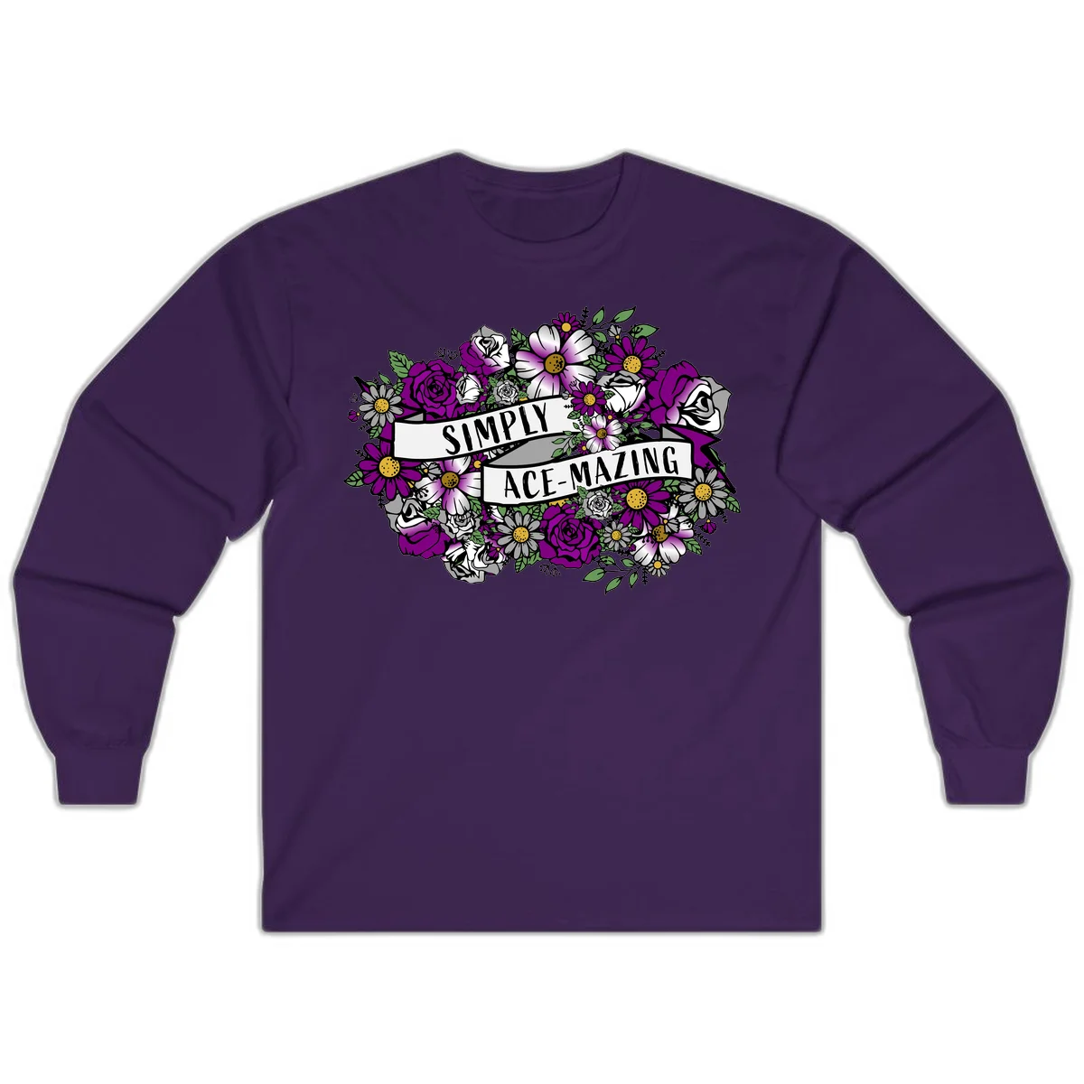 Simply ace-mazing floral design with purple roses, white daisies, green leaves, and banner ribbons on gray background in Purple