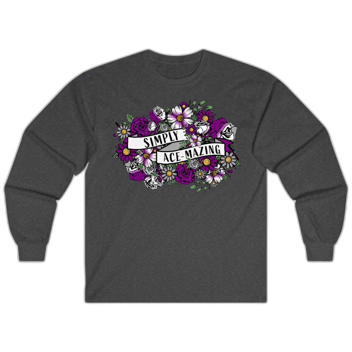 Simply ace-mazing floral design with purple roses, white daisies, green leaves, and banner ribbons on gray background in Dark Heather