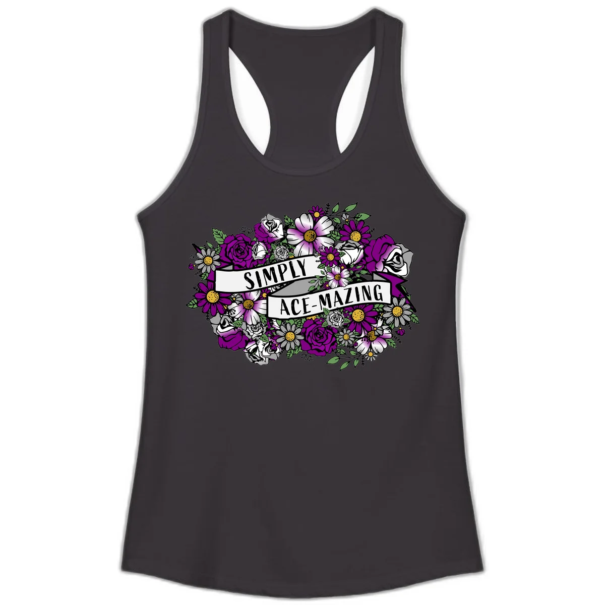 Simply ace-mazing floral design with purple roses, white daisies, green leaves, and banner ribbons on gray background in Black