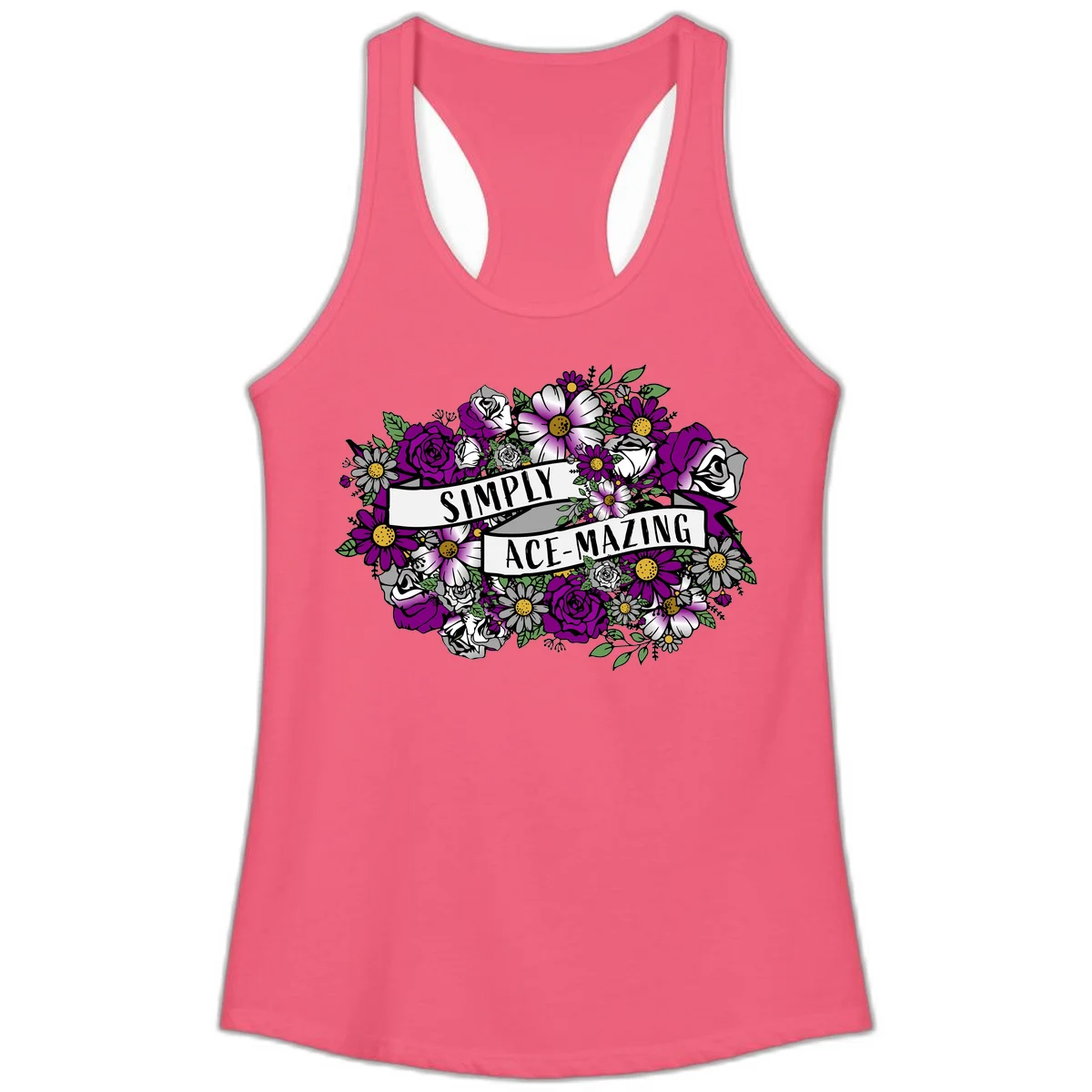 Simply ace-mazing floral design with purple roses, white daisies, green leaves, and banner ribbons on gray background in Hot Pink