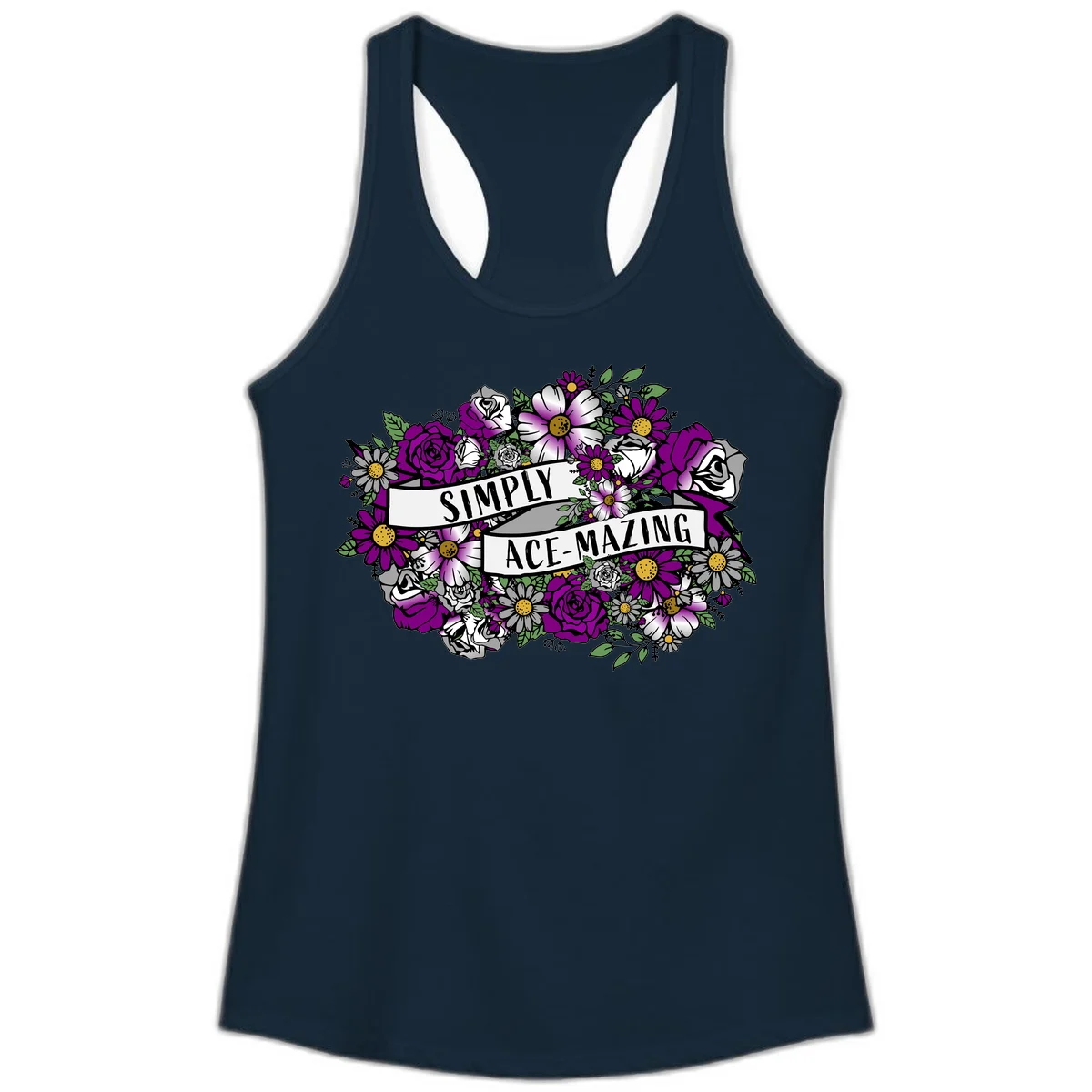 Simply ace-mazing floral design with purple roses, white daisies, green leaves, and banner ribbons on gray background in Solid Midnight Navy