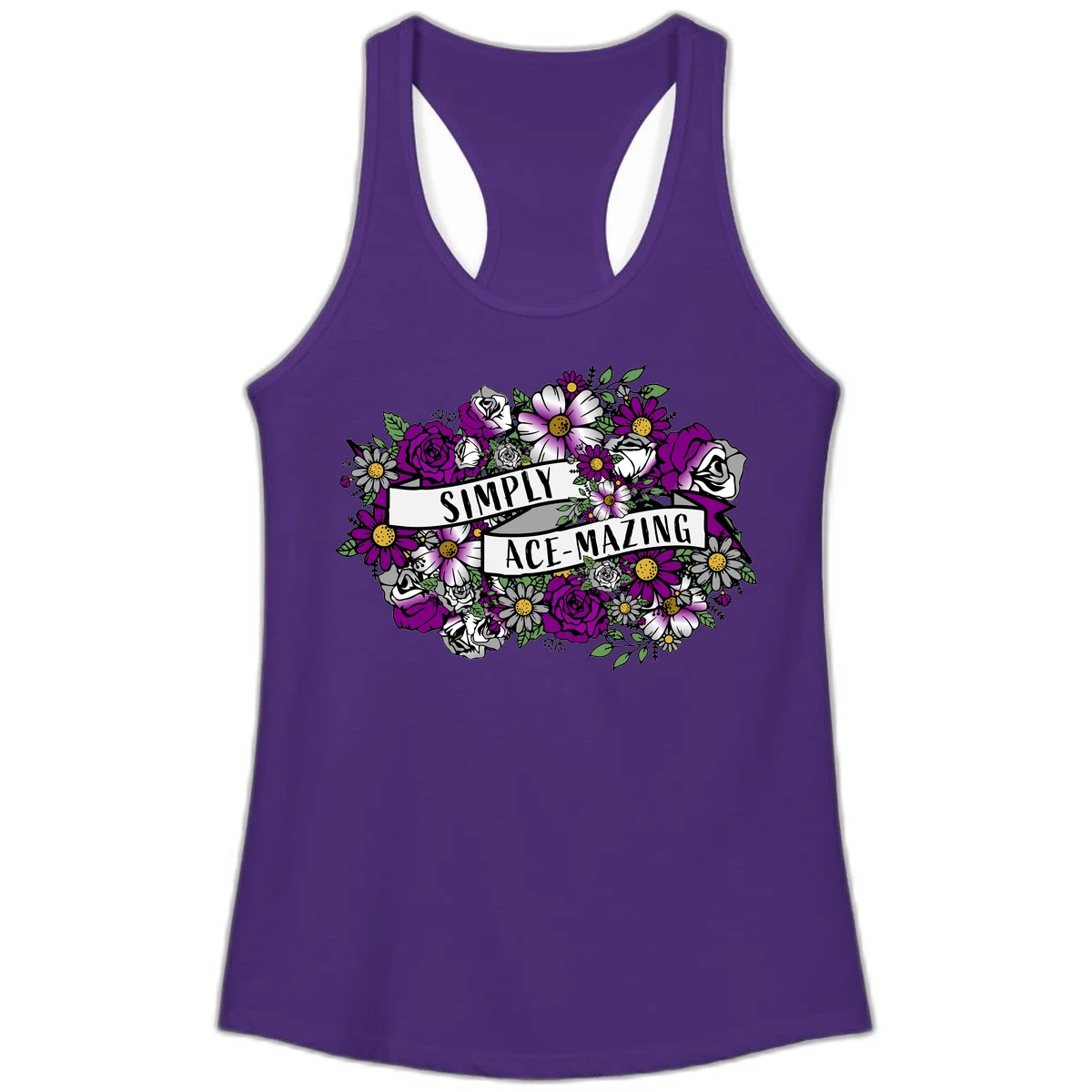 Simply ace-mazing floral design with purple roses, white daisies, green leaves, and banner ribbons on gray background in Solid Purple Rush