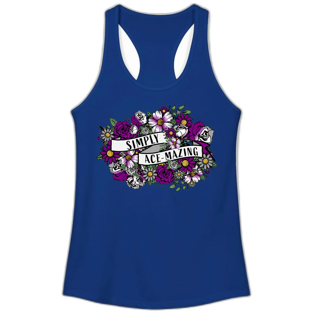 Simply ace-mazing floral design with purple roses, white daisies, green leaves, and banner ribbons on gray background in Solid Royal