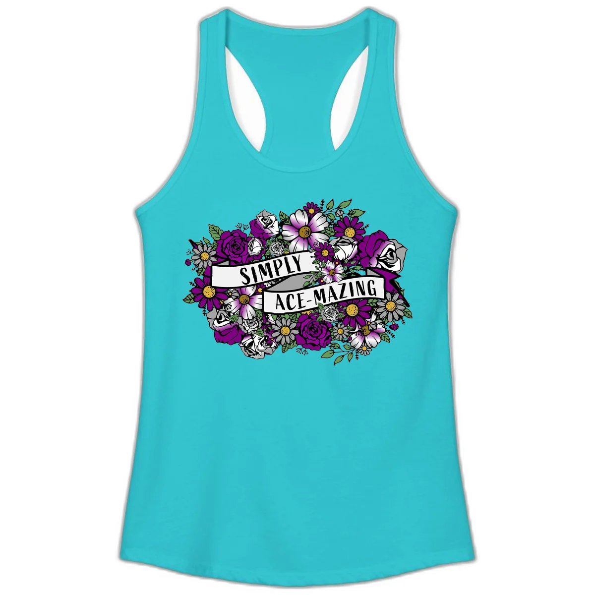 Simply ace-mazing floral design with purple roses, white daisies, green leaves, and banner ribbons on gray background in Solid Tahiti Blue