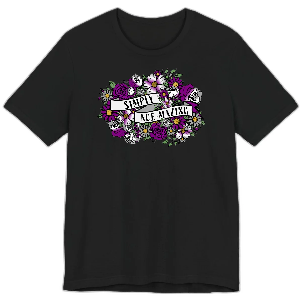 Simply ace-mazing floral design with purple roses, white daisies, green leaves, and banner ribbons on gray background in Black