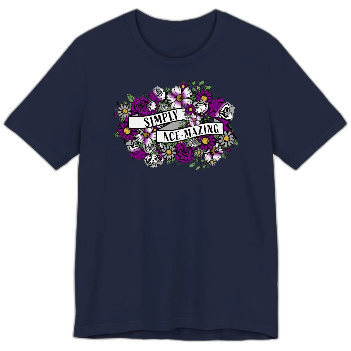 Simply ace-mazing floral design with purple roses, white daisies, green leaves, and banner ribbons on gray background in Navy