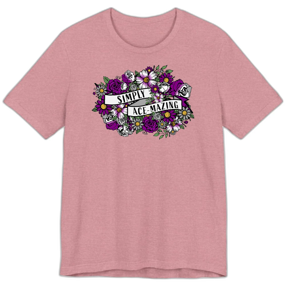 Simply ace-mazing floral design with purple roses, white daisies, green leaves, and banner ribbons on gray background in Heather Orchid