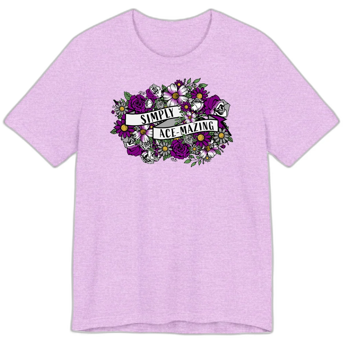 Simply ace-mazing floral design with purple roses, white daisies, green leaves, and banner ribbons on gray background in Heather Prism Lilac