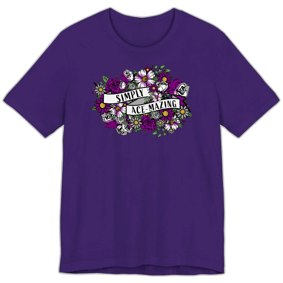 Simply ace-mazing floral design with purple roses, white daisies, green leaves, and banner ribbons on gray background in Team Purple