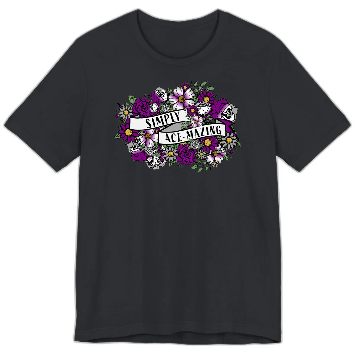 Simply ace-mazing floral design with purple roses, white daisies, green leaves, and banner ribbons on gray background in Vintage Black