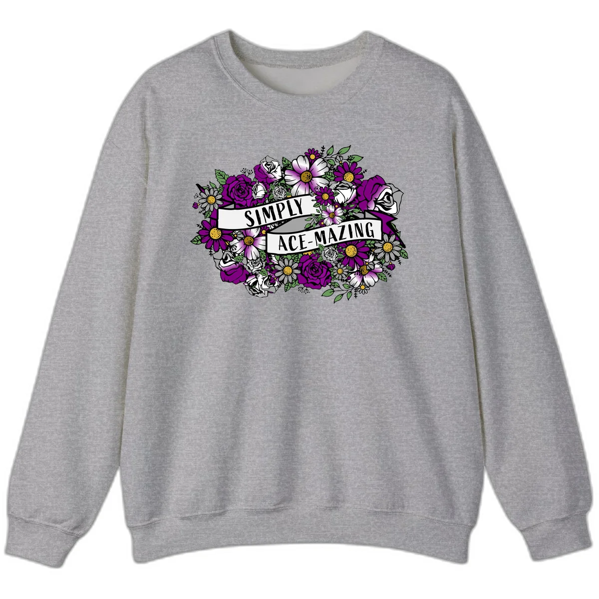 Simply ace-mazing floral design with purple roses, white daisies, green leaves, and banner ribbons on gray background in Sport Grey