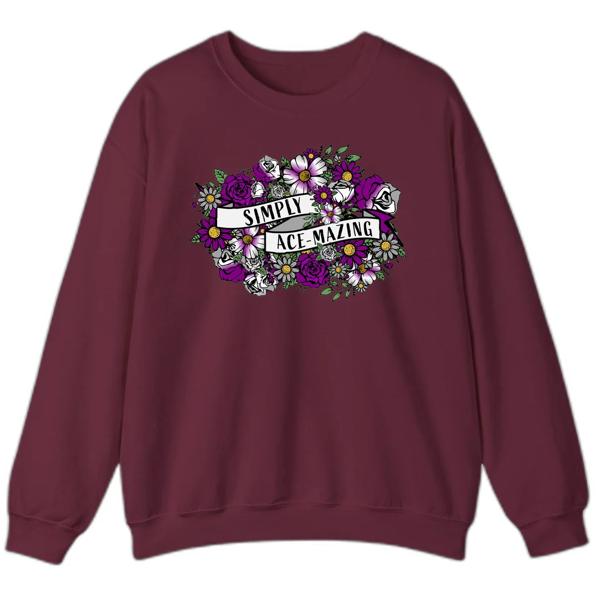 Simply ace-mazing floral design with purple roses, white daisies, green leaves, and banner ribbons on gray background in Maroon