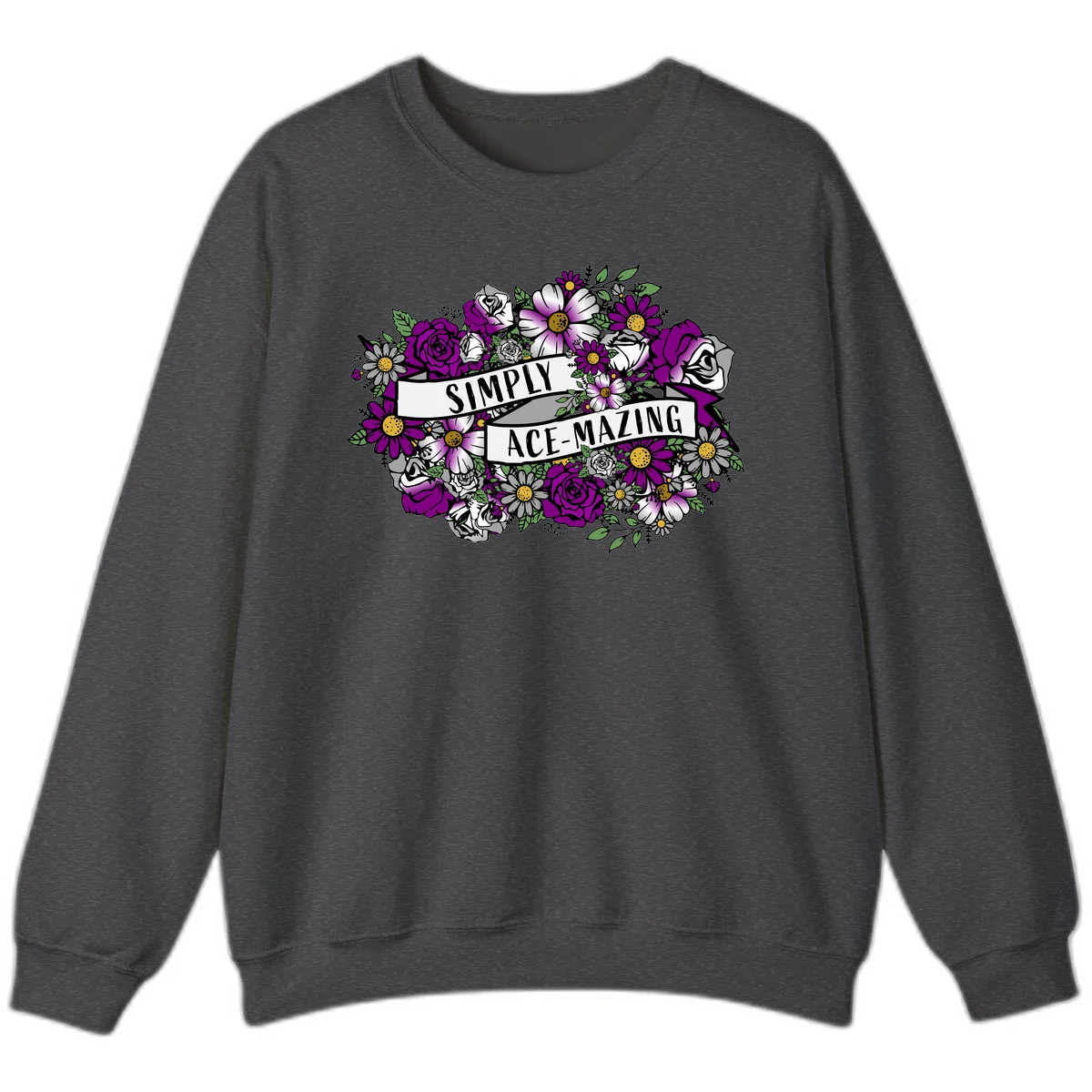 Simply ace-mazing floral design with purple roses, white daisies, green leaves, and banner ribbons on gray background in Dark Heather