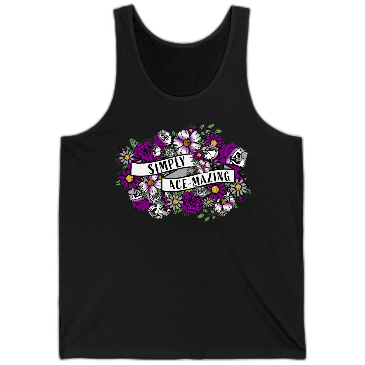 Simply ace-mazing floral design with purple roses, white daisies, green leaves, and banner ribbons on gray background in Black