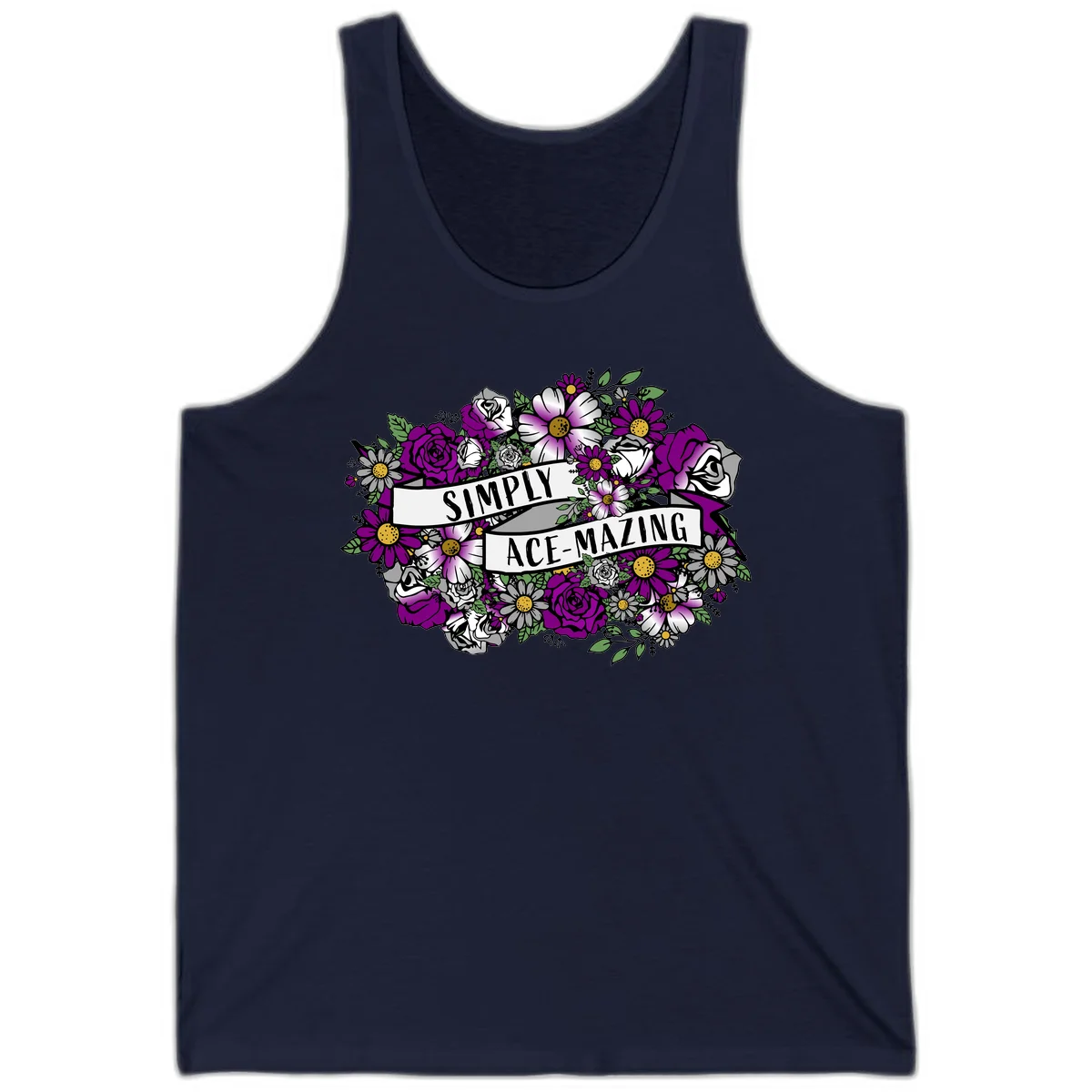 Simply ace-mazing floral design with purple roses, white daisies, green leaves, and banner ribbons on gray background in Navy