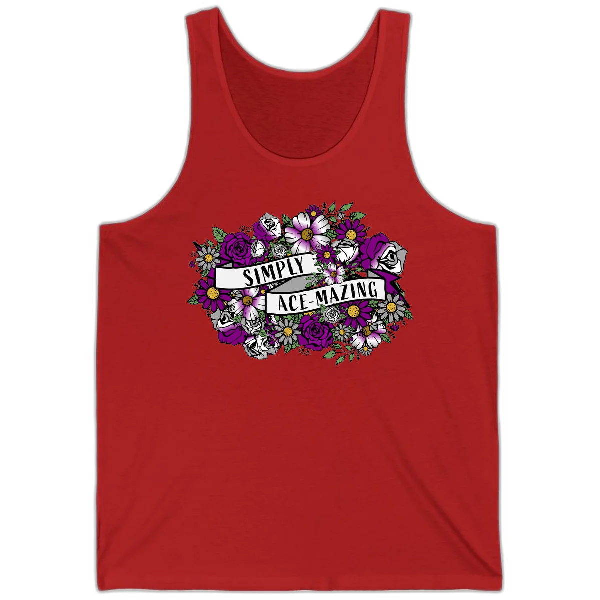 Simply ace-mazing floral design with purple roses, white daisies, green leaves, and banner ribbons on gray background in Red